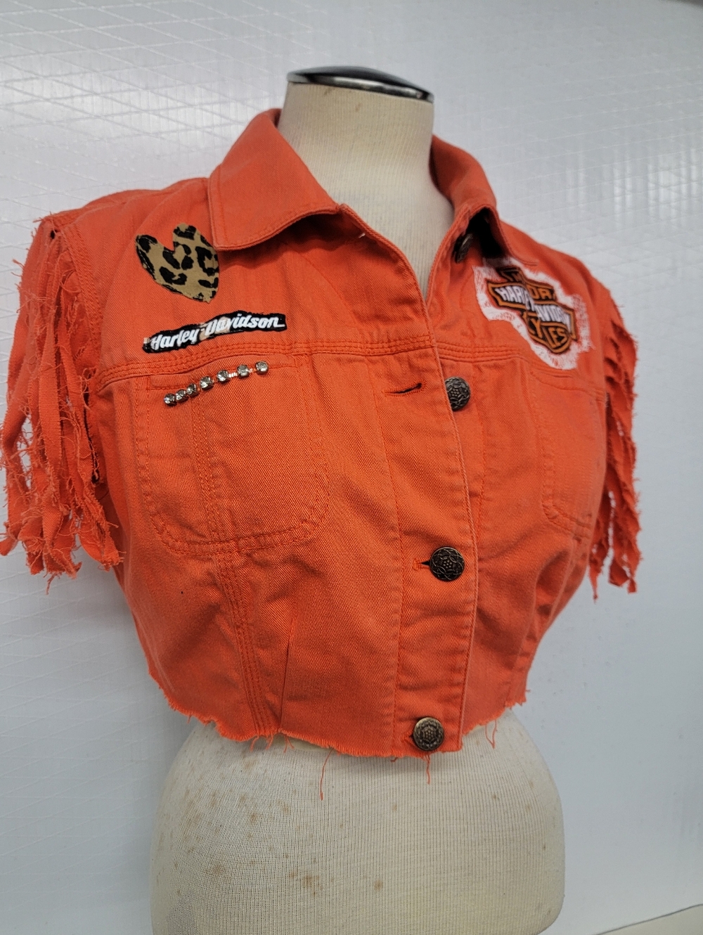 Jean Shirt Vest Harley Davidson Fringe & Bling Upcycled
